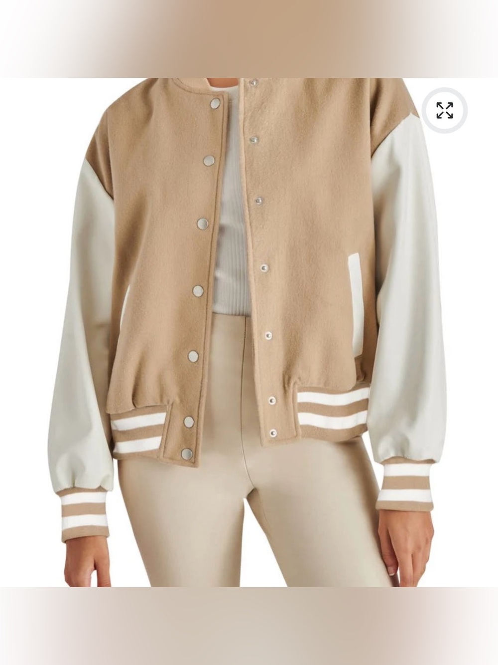BLANKNYC FAUX LEATHER SLEEVE VARSITY JACKET color: New Taupe Size: XS
